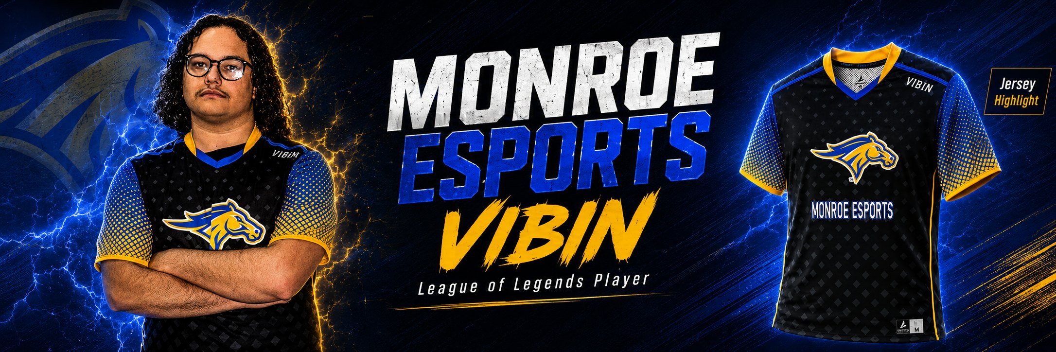 Monroe Esports — VIBIN, League of Legends player, in the official Mustangs jersey